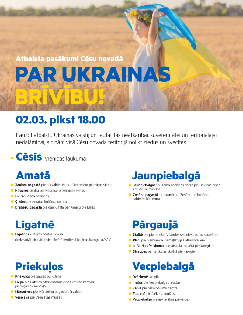 2.martā notiks Ukrainas atbalsta pasākumi visā Cēsu novadā