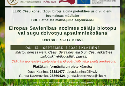 Aicina uz bezmaksas mācībām “Eiropas Savienības nozīmes zālāju biotopu vai sugu dzīvotņu apsaimniekošana"