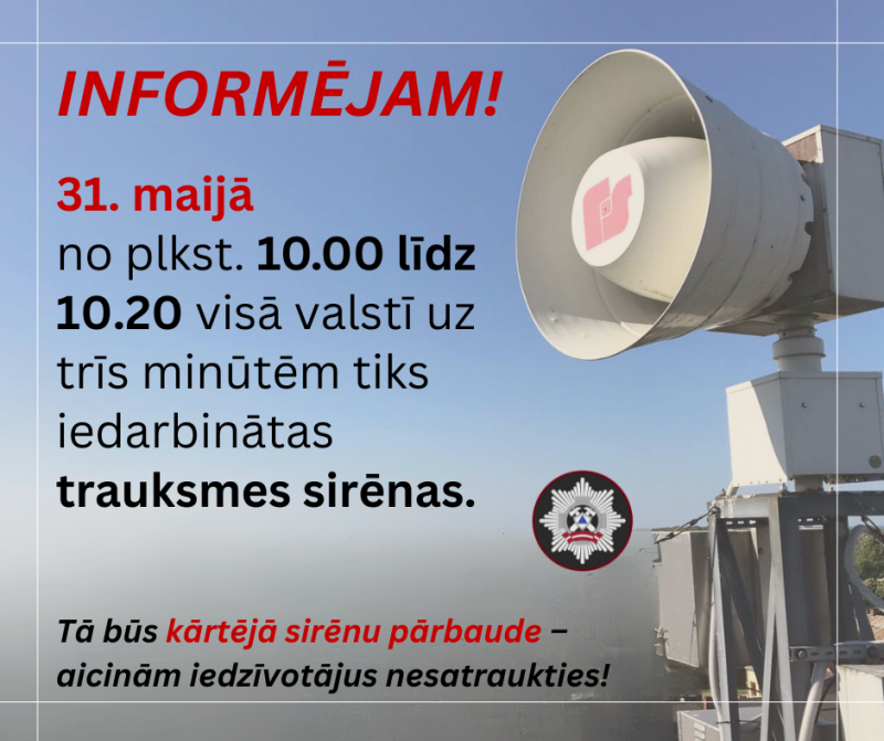 VUGD 31.maijā veiks trauksmes sirēnu pārbaudi